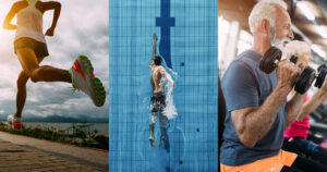 A imagem mostra três pessoas praticando diferentes tipos de atividade física: uma correndo ao ar livre, outra nadando em uma piscina e uma terceira levantando pesos em uma academia. As atividades representam uma variedade de exercícios que são benéficos para a saúde cardiovascular e bem-estar geral.