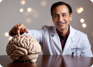 Neurocirurgião sorrindo e usando jaleco branco, apontando com o dedo indicador para um modelo anatômico de um cérebro humano sobre uma mesa de madeira. O fundo está desfocado com luzes brilhantes.