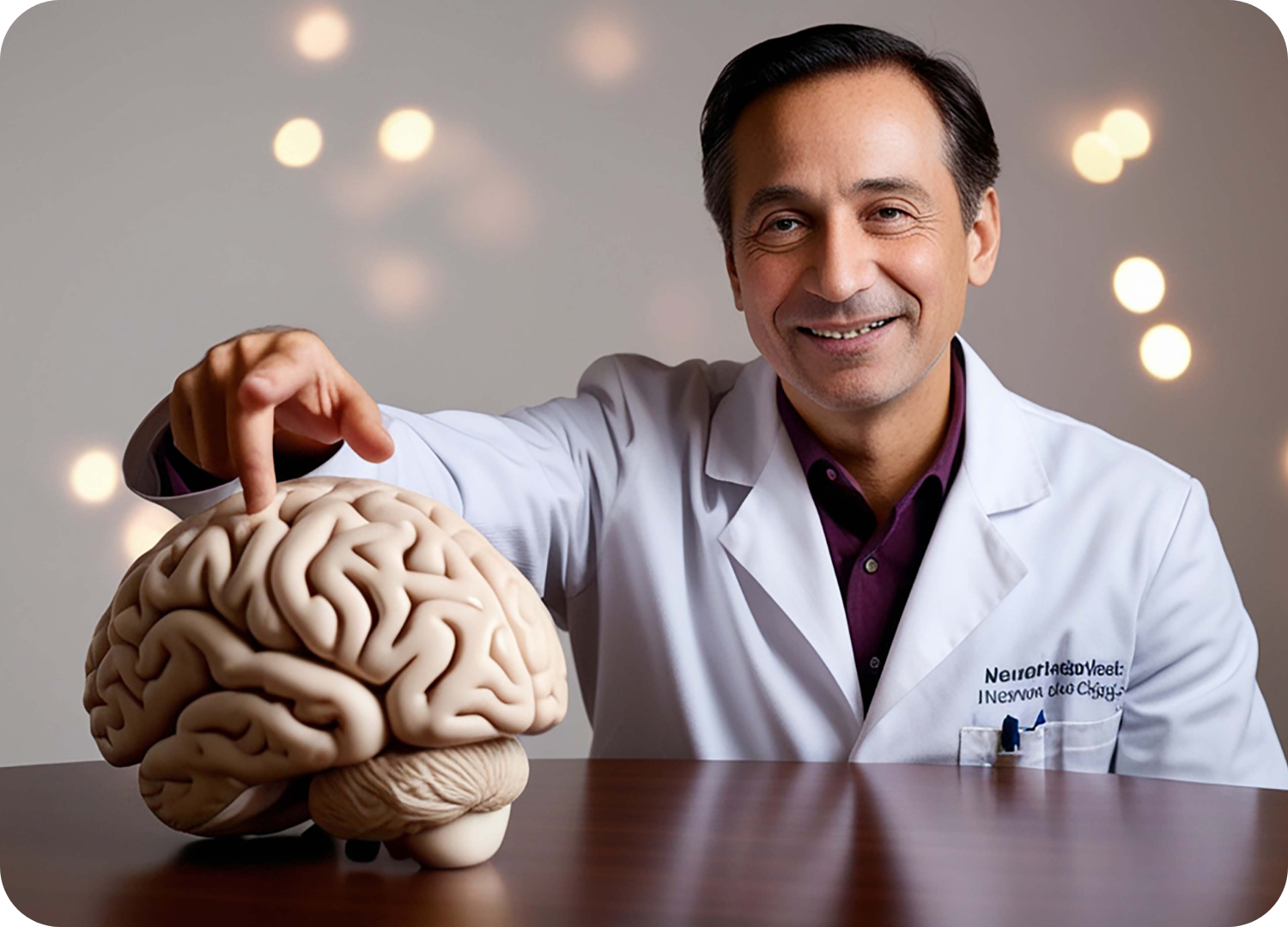 Neurocirurgião sorrindo e usando jaleco branco, apontando com o dedo indicador para um modelo anatômico de um cérebro humano sobre uma mesa de madeira. O fundo está desfocado com luzes brilhantes.