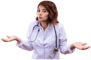 Uma médica de jaleco branco e estetoscópio está com os ombros encolhidos e as mãos abertas, em um gesto de "não sei", com uma expressão facial de confusão.