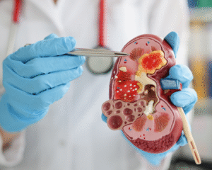 Um close-up de uma pessoa vestindo luvas médicas azuis, segurando e apontando para um modelo anatômico de um rim humano. O modelo está dividido ao meio para mostrar as estruturas internas, incluindo as cavidades do rim, e um grande cálculo renal (pedra nos rins) de cor amarela e vermelha, destacando-se na parte superior.