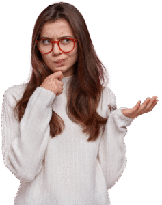 Uma jovem, de óculos vermelhos e suéter branco, com uma expressão de confusão, pensando. Ela está com o dedo indicador no queixo e a outra mão aberta, como se estivesse ponderando sobre algo ou fazendo uma pergunta.