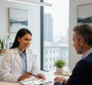 Uma médica com jaleco branco e cabelo escuro, sentada em uma mesa, conversa com um paciente de cabelos grisalhos. Ela aponta para um tablet que mostra gráficos coloridos. A sala tem uma grande janela com vista para a cidade.