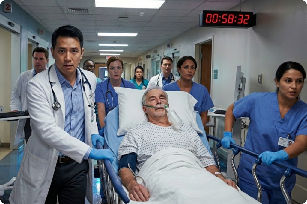 Equipe médica de neurologia em atendimento de emergência transportando paciente com suspeita de AVC em maca hospitalar. No topo, um cronômetro digital marca o tempo crítico da Hora de Ouro. Ambiente hospitalar realista com iluminação fria e foco na agilidade do atendimento.