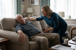 Fotografia ultrarrealista em um corredor de hospital. Um médico à frente e enfermeiros nas laterais conduzem rapidamente uma maca com um paciente idoso em estado crítico. Um relógio digital vermelho na parede marca 00:58:32, simbolizando a corrida contra o tempo no tratamento do derrame cerebral.