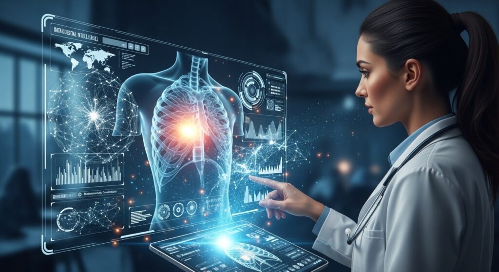 Médica usando um estetoscópio para examinar os batimentos cardíacos de uma paciente sentada em uma maca de consultório.