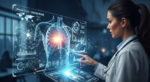 Médica usando um estetoscópio para examinar os batimentos cardíacos de uma paciente sentada em uma maca de consultório.