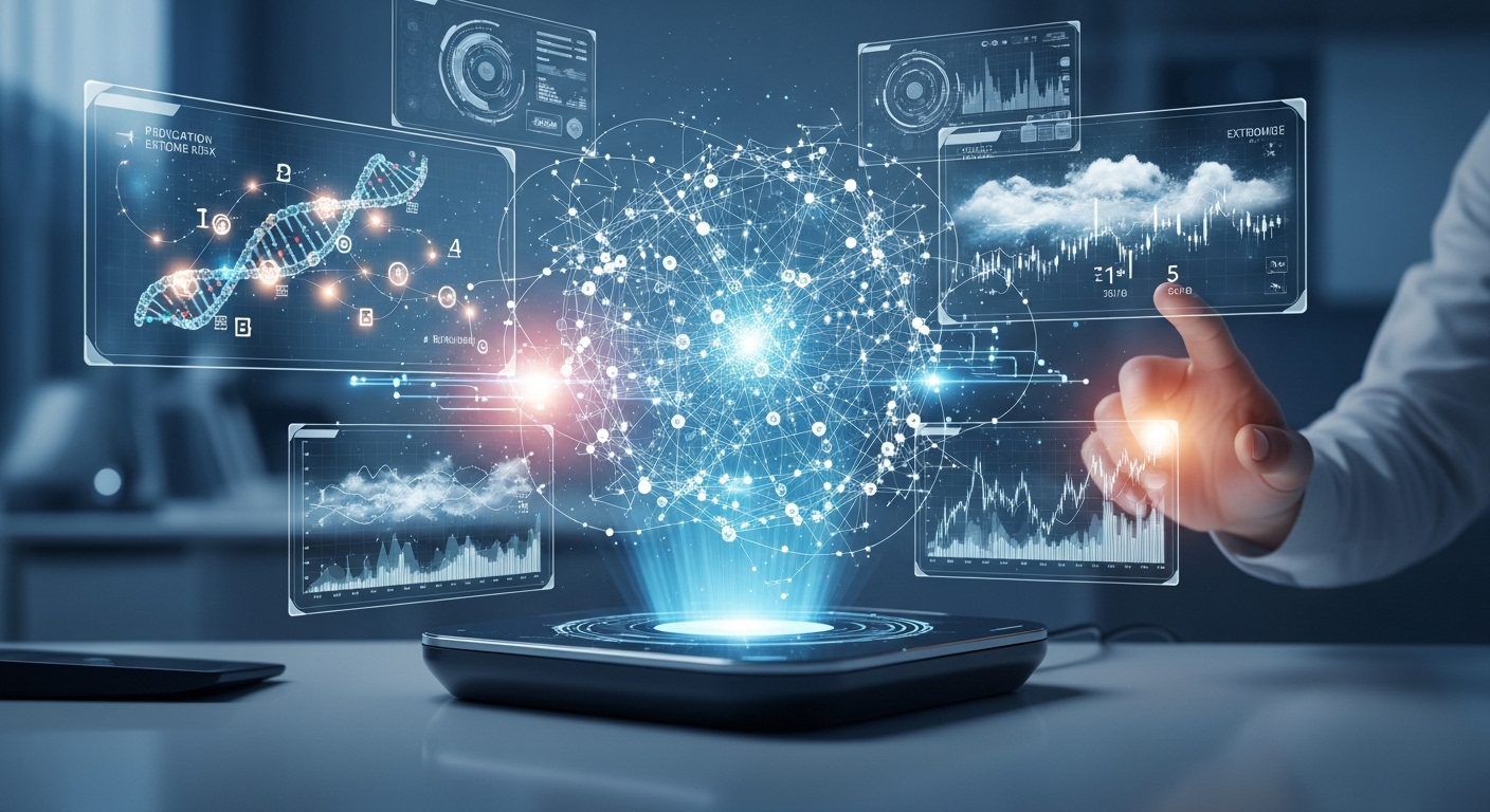 Médica analisando holograma digital do tórax humano para diagnóstico com inteligência artificial.