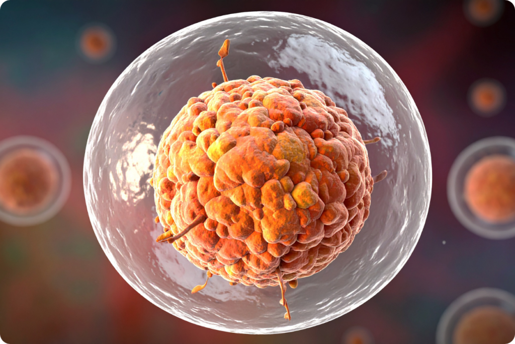 Ilustração médica detalhada de uma célula tumoral em close-up, exibindo um núcleo alaranjado e rugoso envolto por uma membrana translúcida com pequenas ramificações, representando a estrutura celular de um tumor.