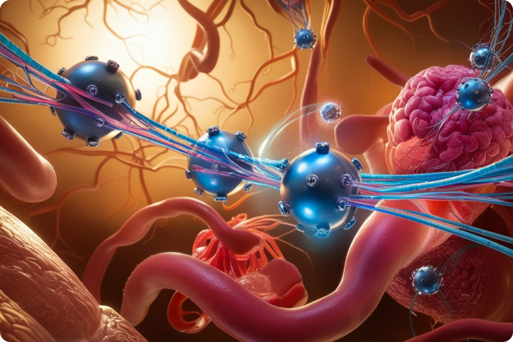 Ilustração médica 3D mostrando esferas azuis tecnológicas percorrendo vasos sanguíneos e tecidos orgânicos, representando a disseminação celular e metástase.