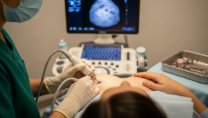 Ilustração 3D detalhada da região lombar e pélvica. O diagrama destaca as vértebras e os nervos amarelos que se ramificam da medula. Entre duas vértebras, um disco intervertebral é mostrado com um brilho azulado e uma área avermelhada, representando uma inflamação ou hérnia de disco que pressiona a raiz nervosa.