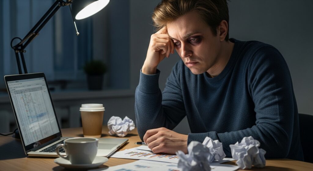 Um homem jovem sentado em uma mesa de escritório à noite, visivelmente exausto e abalado. Ele tem olheiras profundas e escuras, e apoia a cabeça em uma das mãos enquanto olha para papéis e gráficos espalhados. Ao seu lado, há um notebook ligado, uma xícara de café e vários papéis amassados. A cena é iluminada apenas por uma luminária de mesa, criando um ambiente sombrio que simboliza o esgotamento profissional (burnout) e a privação de sono