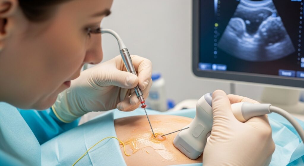 Uma paciente idosa de cabelos grisalhos está deitada em uma mesa de cirurgia, usando uma touca hospitalar branca. Ela olha para cima com uma expressão serena e um leve sorriso. Acima dela, as grandes e potentes luzes de LED do foco cirúrgico estão acesas. No canto superior direito, um monitor exibe seus sinais vitais, enquanto equipamentos médicos desfocados preenchem o ambiente, transmitindo uma sensação de segurança e cuidado profissional.