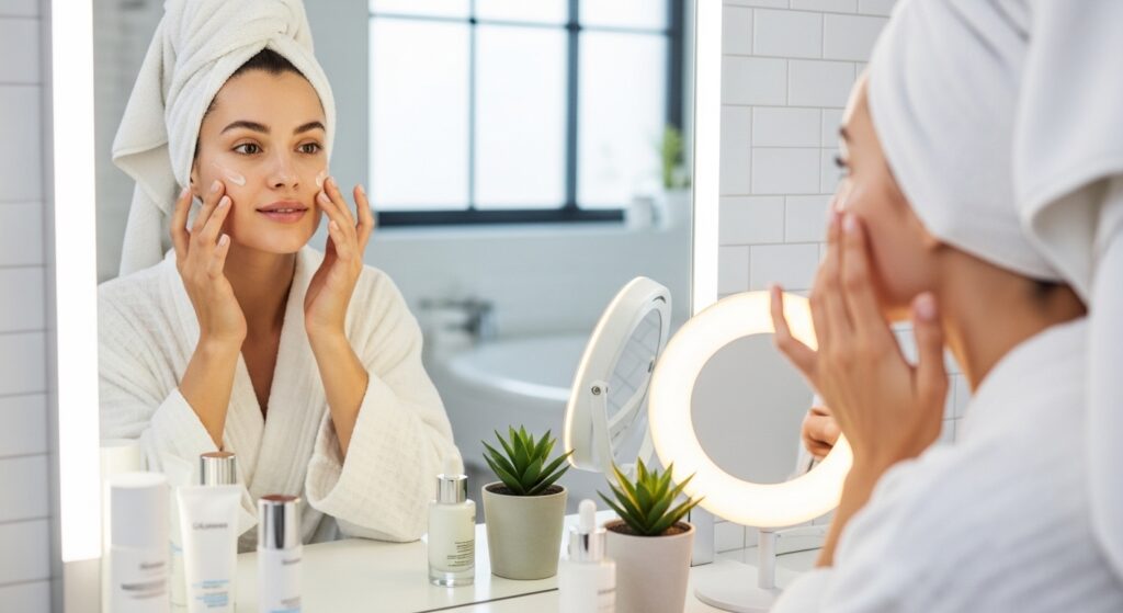 Uma imagem de close de uma consulta médica urológica. Uma médica urologista, de jaleco branco e estetoscópio no pescoço, coloca a mão esquerda sobre o ombro de um paciente idoso, que veste uma camisa polo azul. A médica sorri levemente e parece dar orientações com empatia e acolhimento. A cena transmite confiança, segurança e a importância do exame preventivo na terceira idade, com luz natural suave vinda de uma janela desfocada ao fundo.