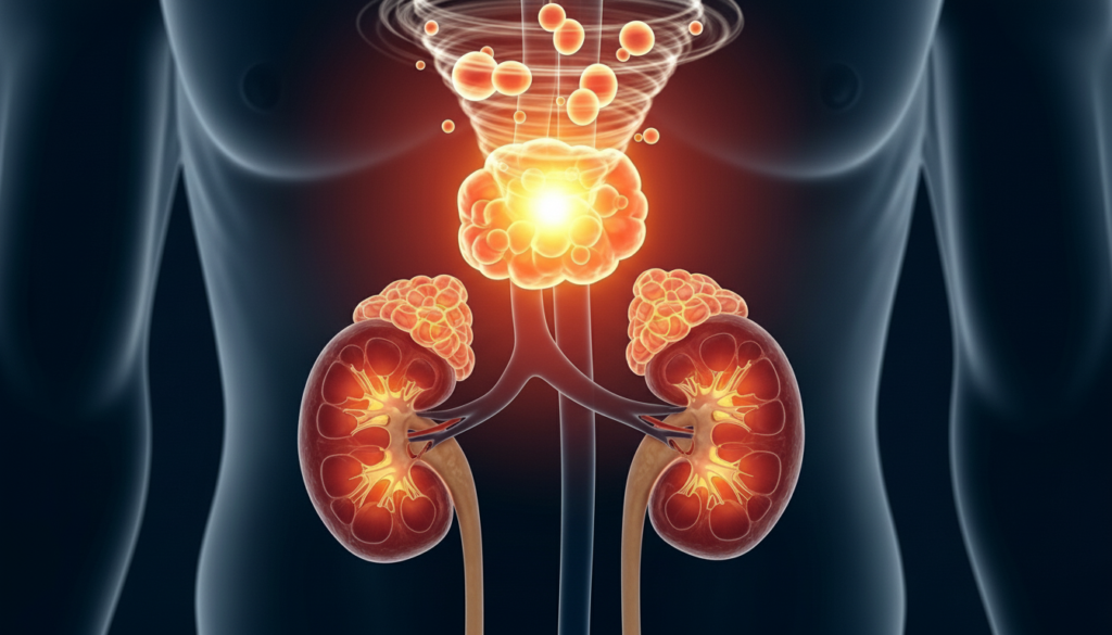 Infográfico médico em 3D mostrando o torso humano com destaque para o sistema renal e endócrino. Os rins são exibidos em corte anatômico, revelando as pirâmides renais. Acima de cada rim, as glândulas suprarrenais brilham em tons alaranjados. No centro do peito, a glândula tireoide está iluminada, com partículas circulares ascendendo em um redemoinho, simbolizando a liberação de hormônios e a regulação metabólica."